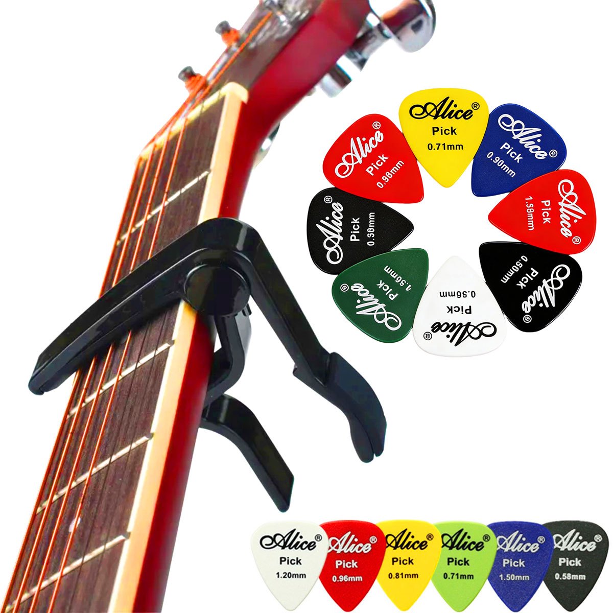 Electric Guitar Pick Pack - Schwarzer Legierungs-Schnellwechsel-Gitarrenkapo mit 6 Plektren -